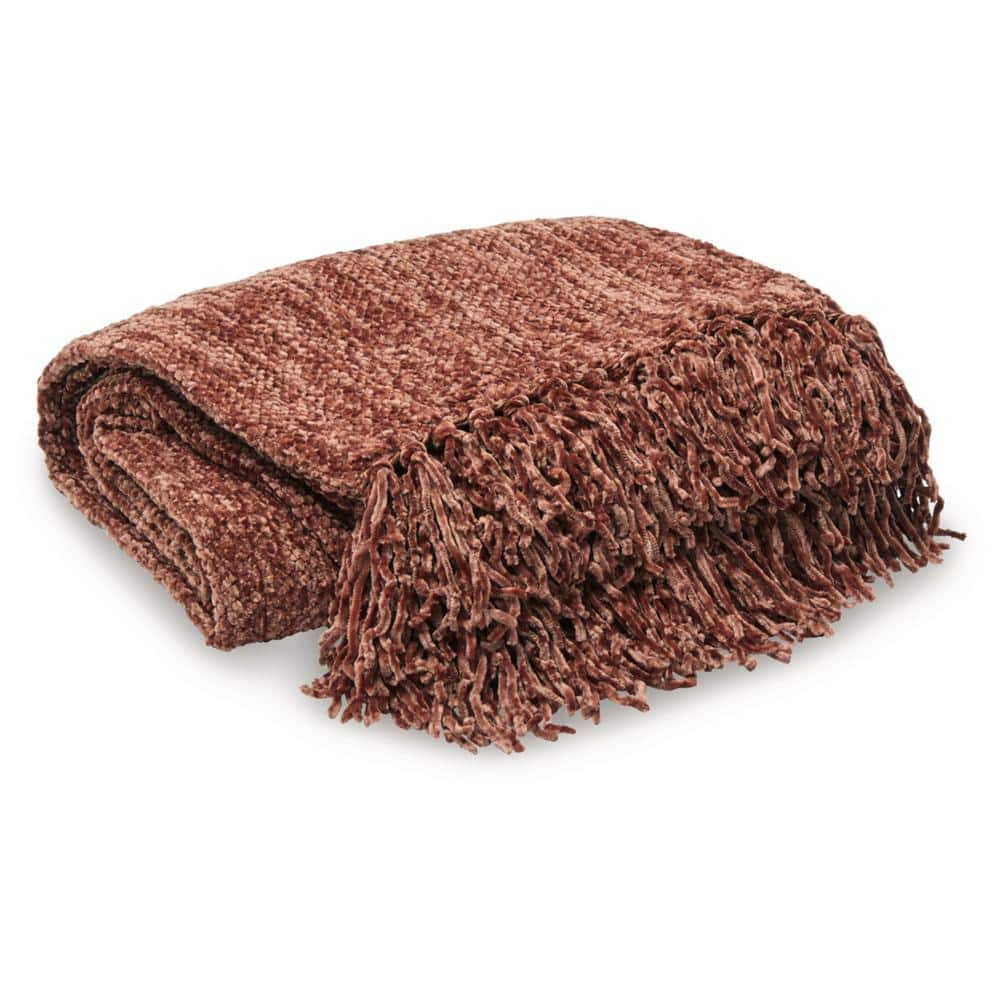 Tamish Rust Polyester Throw Blanket with Knotted Fringe