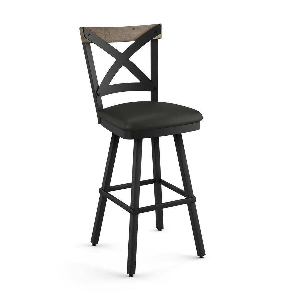 Snyder Industrial Swivel Bar Stool in Black Faux Leather and Beige Wood
