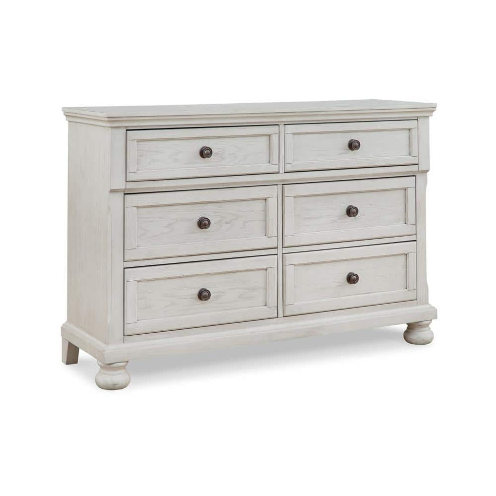 Lea 54 Inch Wide Dresser Chest, 6 Gliding Drawers, Wooden Bun Feet, White