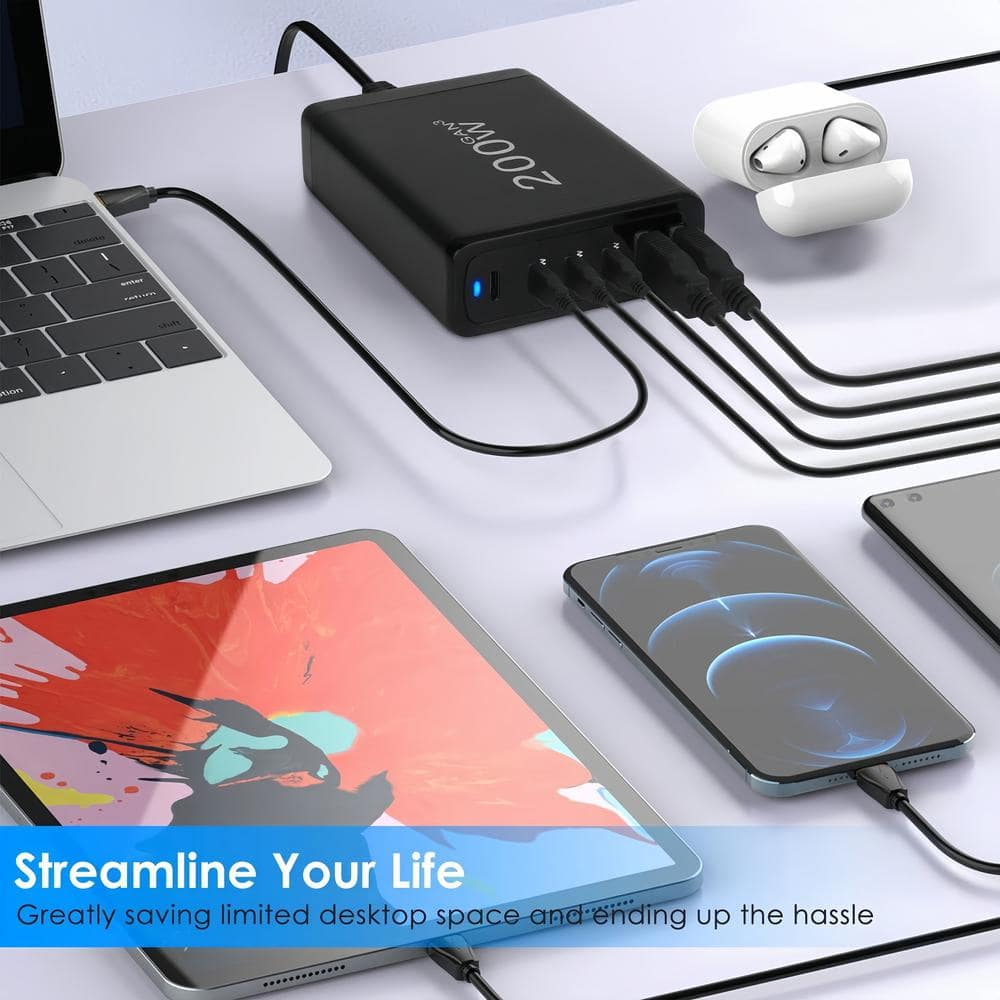 Black 200-Watt Fast Charging Station with 6 Ports