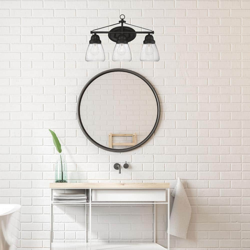 Laurel 19.13 in. 3-Light Sudbury Bronze Vanity Light with Clear Seeded Glass Shade