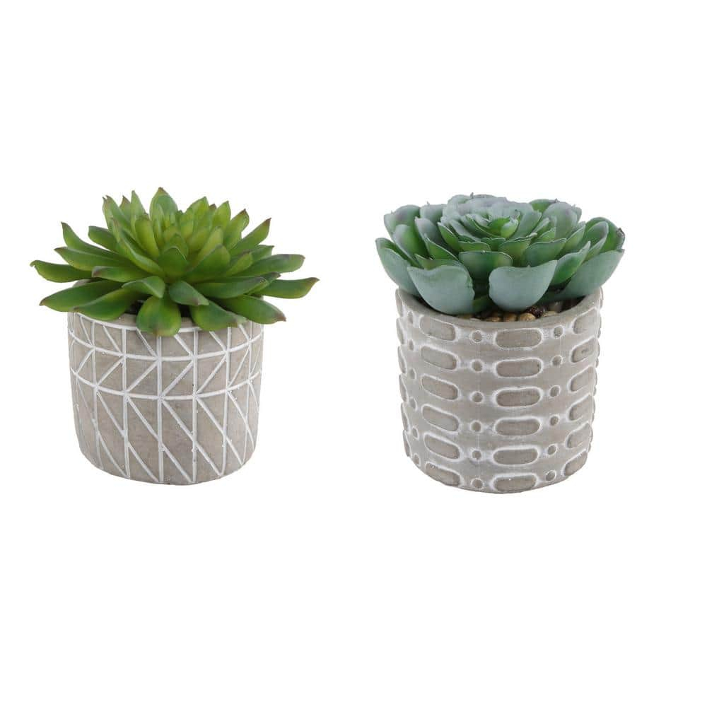 Flora Bunda Mid Century Artificial Plants Cactus Set of 2 Fake Succulent in 3" Cement Diamond line Pot Grey Planter, Potted Plants, for Home Office Decorations C65