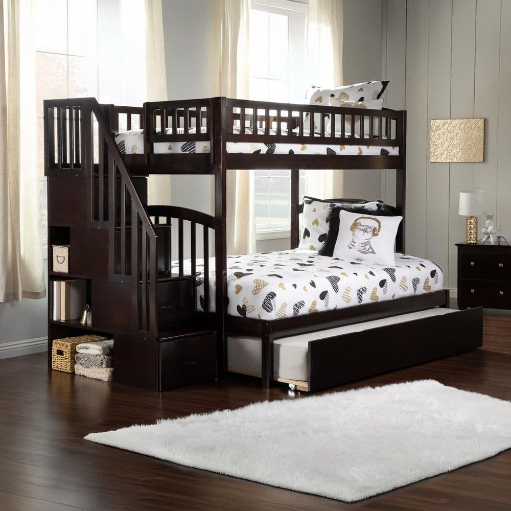Westbrook Staircase Bunk Twin over Full with Full Size Urban Trundle Bed in Espresso