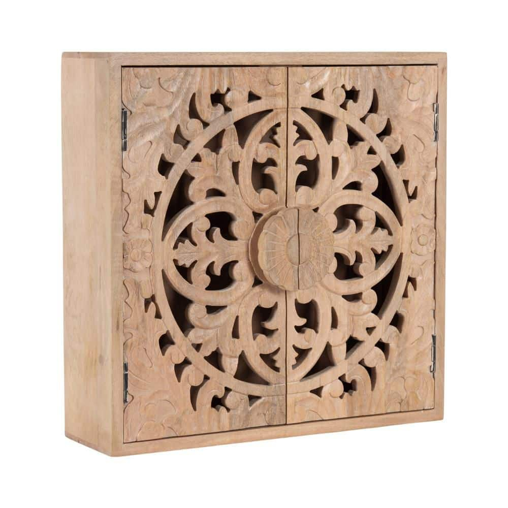 Kate and Laurel Saanvi Traditional Carved Wood Wall Cabinet, 20 x 6 x 20, Light Natural, Dimensional Over the Toilet Storage Cabinet for Bathroom Storage and Display