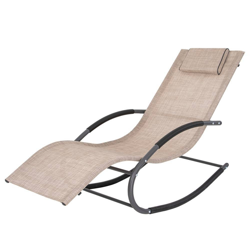 Crestlive Products Patio Outdoor Rocking Chair Curved Rocker Chaise Lounge Chair with Pillow Beige