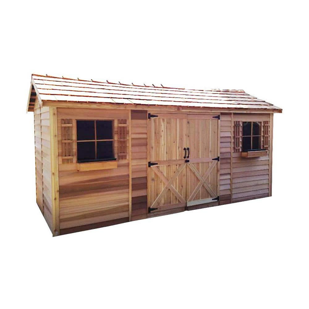 Large Brown Cedar Garden Shed with Double Doors and Windows