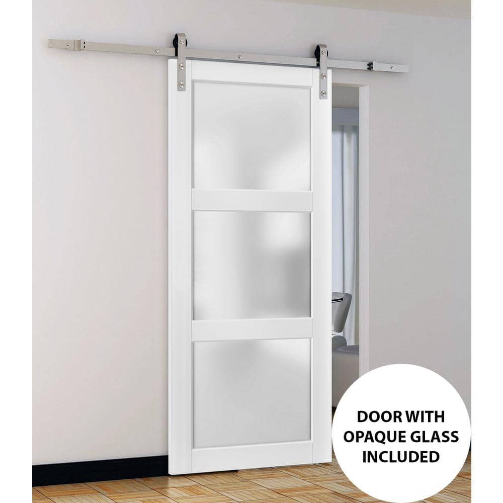 Sliding Barn Door with Hardware | Lucia 2552 White Silk with Frosted Glass | 6.6FT Rail Hangers Sturdy Set | Lite Wooden Solid Panel Interior Doors