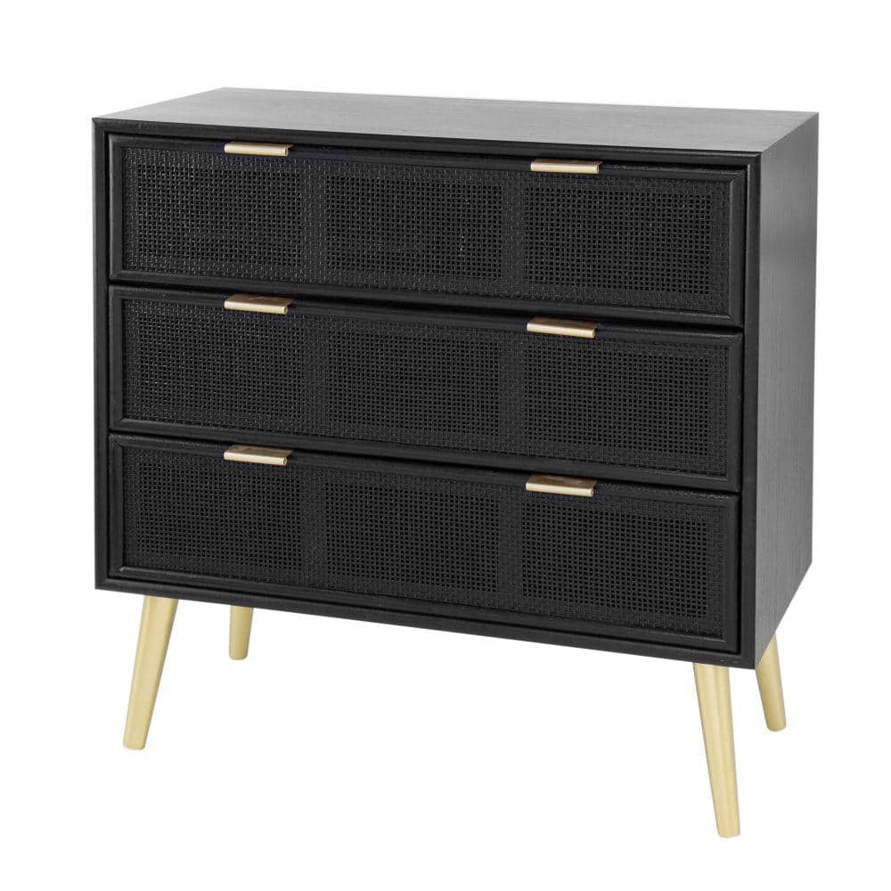 31 Inch Dresser Chest Cabinet, 3 Drawers, Woven Rattan, Modern, Black, Gold