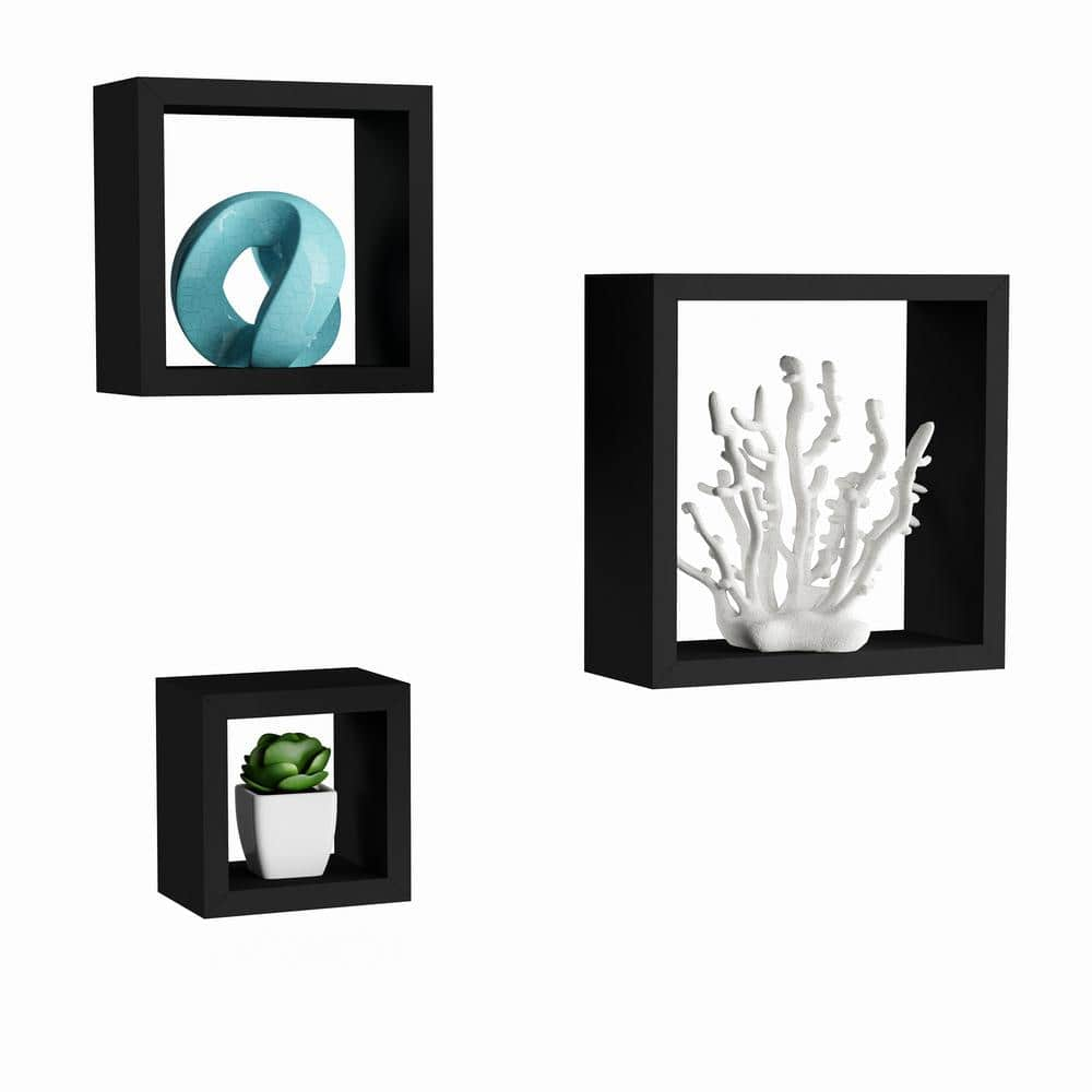 Floating Shelves- Cube Wall Shelf Set with Hidden Brackets, 3 Sizes to Display Decor, Books, Photos, More- Hardware Included by Lavish Home (Black)