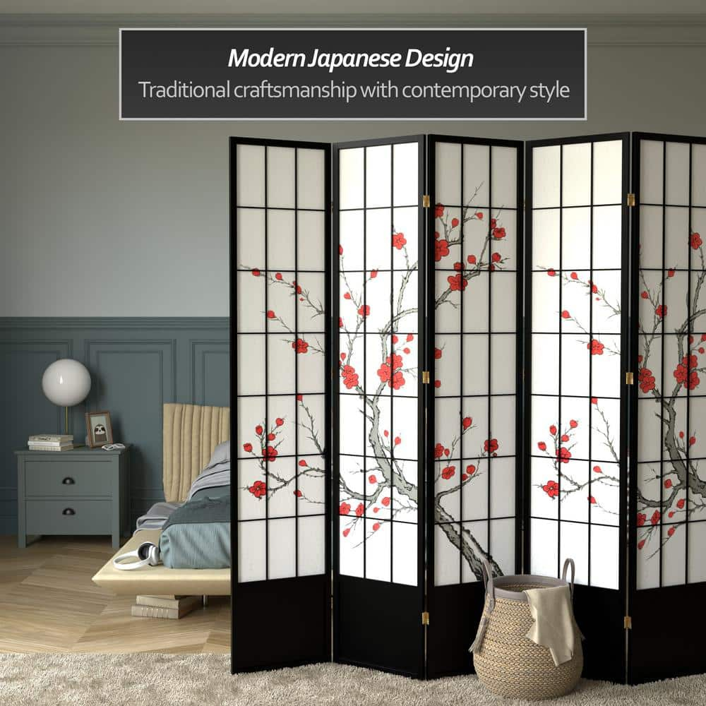 83.5" Black Cherry Blossom Shoji Room Divider with 5 Panels