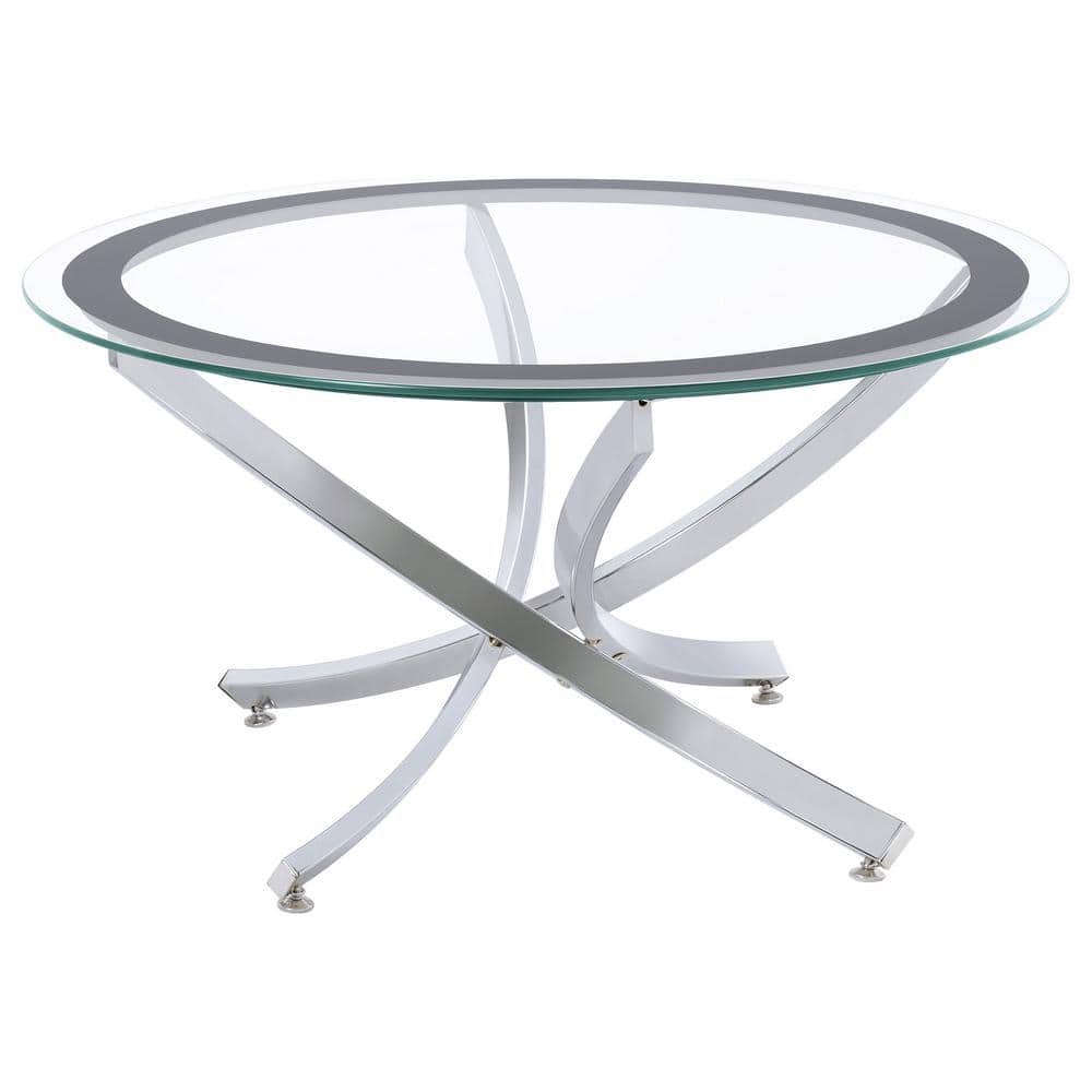 Transitional 35.5'' Round Silver Metal and Black Glass Coffee Table