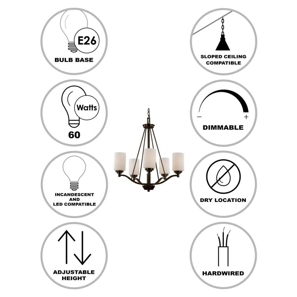 Mod Pod 5-Light Oil Rubbed Bronze Candle Chandelier Light Fixture with Frosted Glass Cylinder Shades