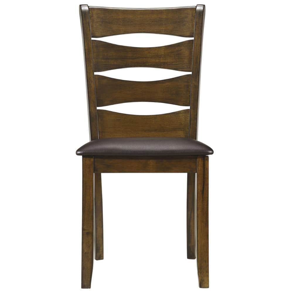 Transitional Ladder Back Side Chair with Leatherette Seat, Brown - Set of 2