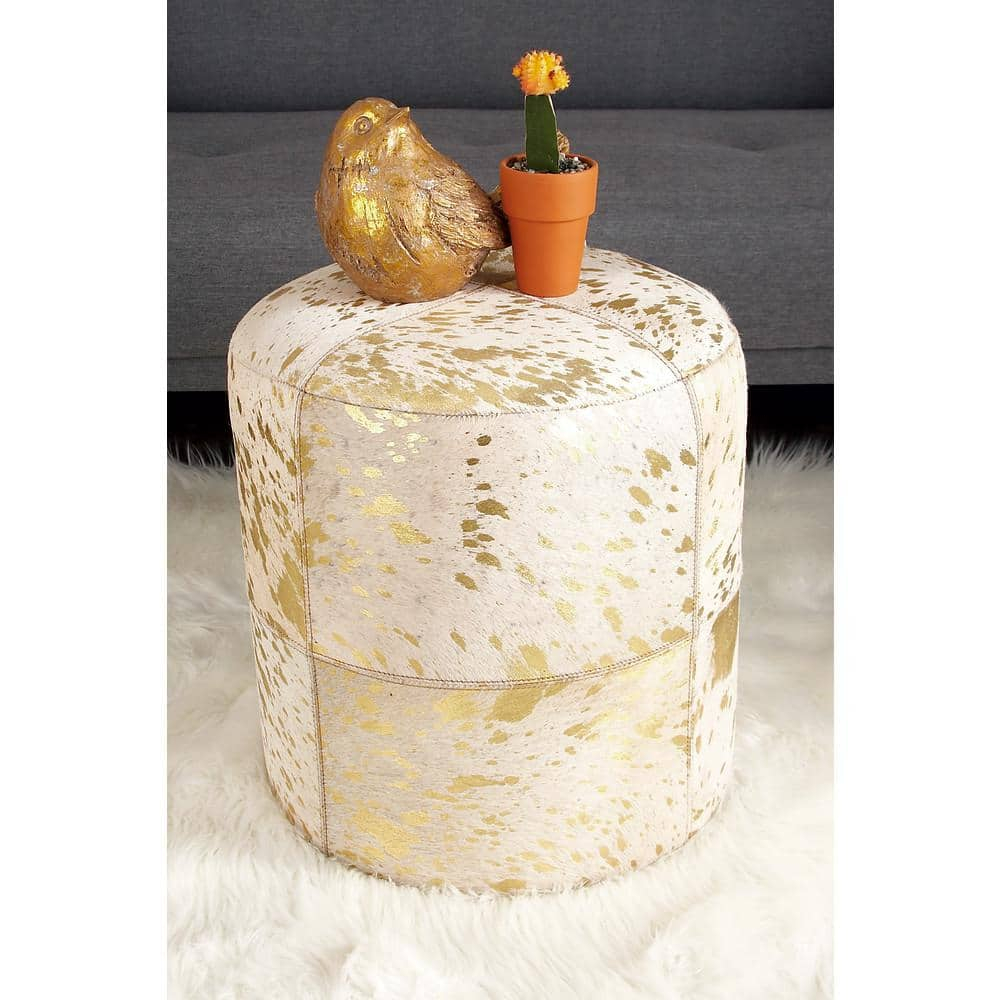DecMode 16" x 17" Gold Leather Handmade Stool with Gold Foil Paint, 1-Piece