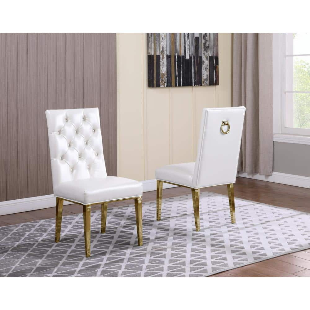 White Faux Leather Tufted Side Chairs with Gold Chrome Legs (Set of 2)