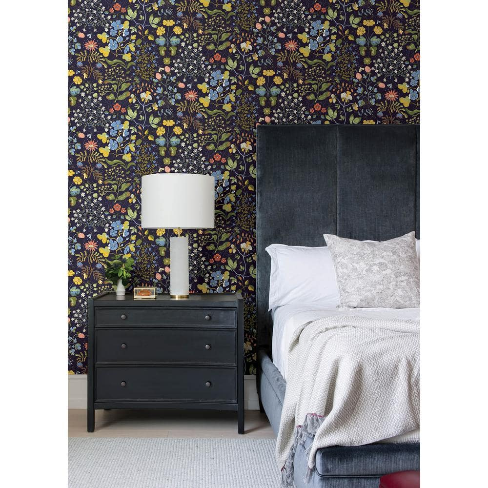 Dark Blue Floral Non-Pasted Washable Wallpaper Roll