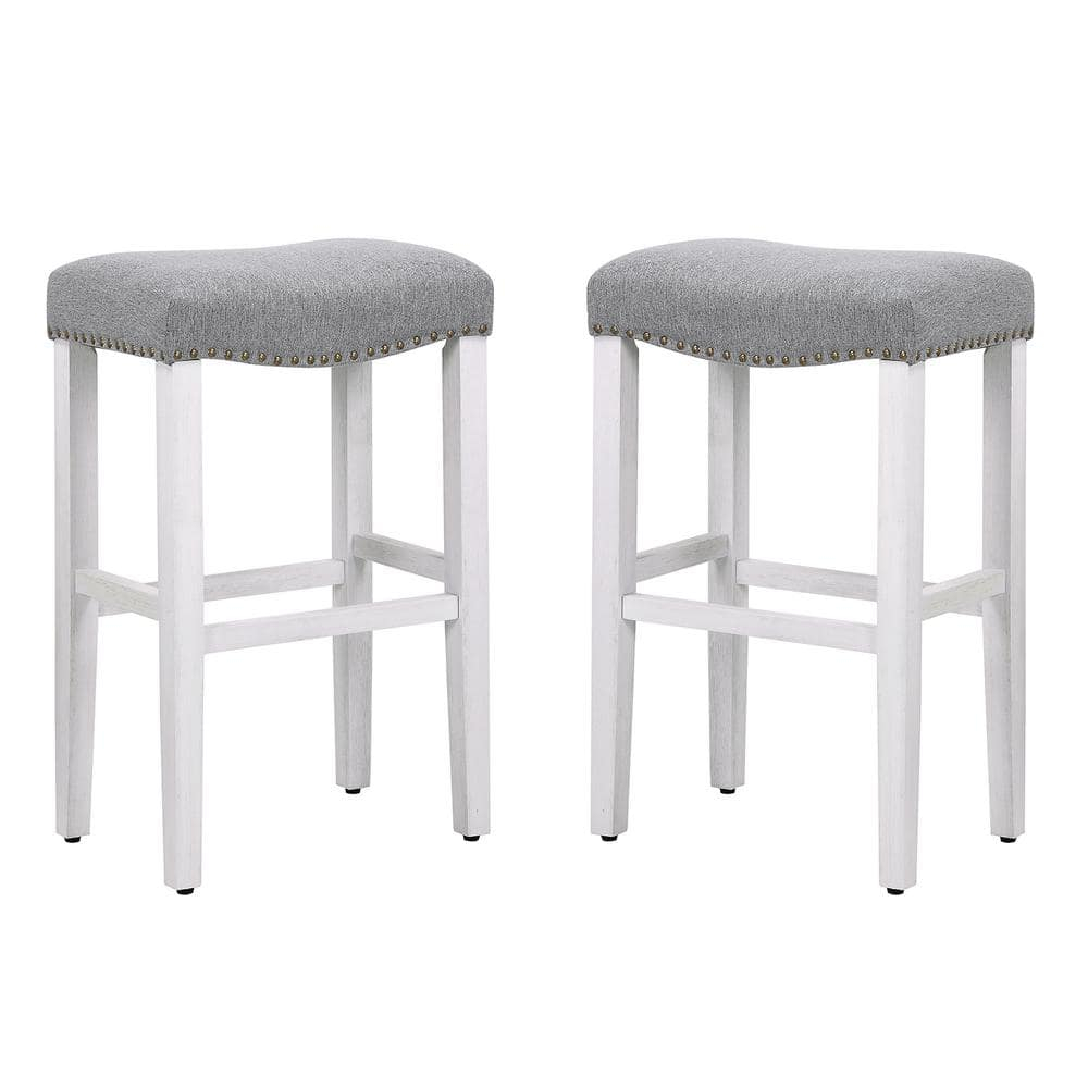 Polytrends Jameson Upholstered Polyester 29" Bar Stool with White Legs - (Set of 2) Antique White/Gray