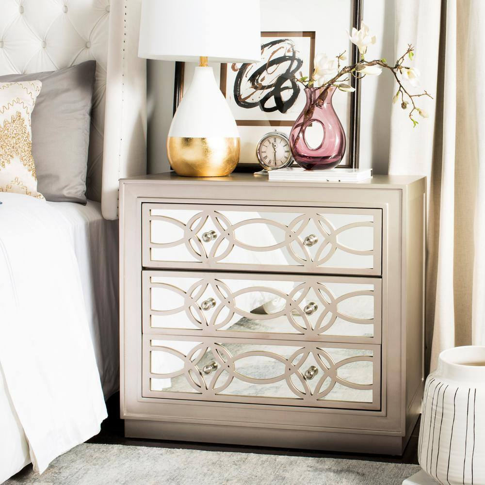 SAFAVIEH Catalina Classic Swirl Solid 3 Drawer Mirror Chest, Champagne/Nickel
