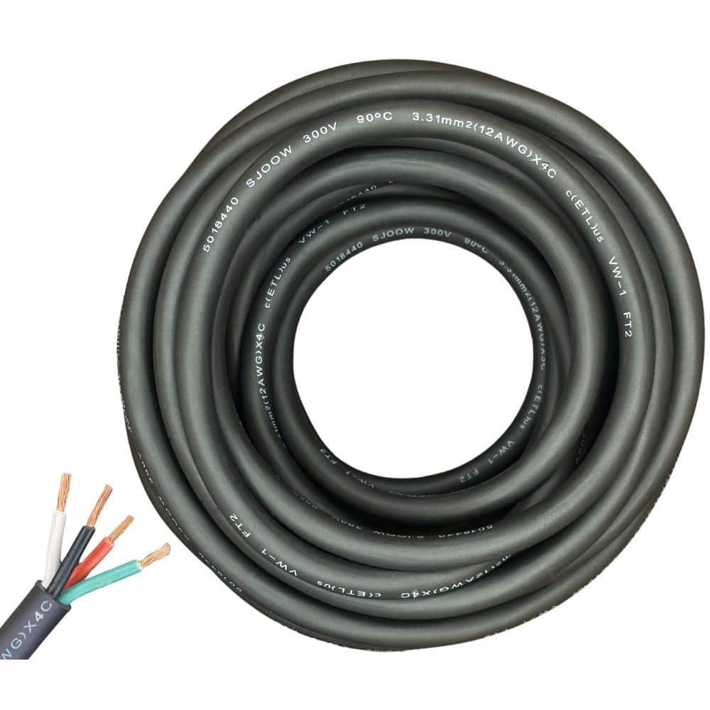 WindyNation 10 Feet 12/4 12 Gauge 4 Conductor Black SJOOW Cable