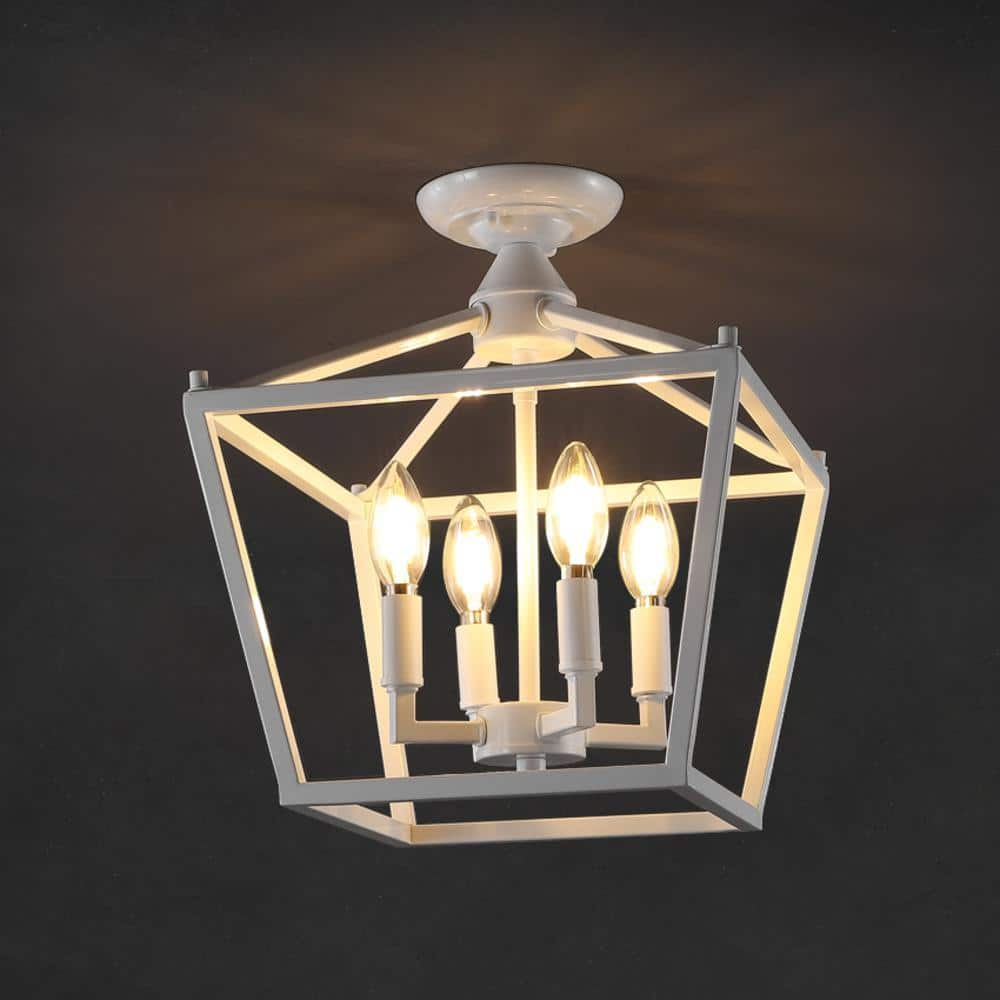 Plains Mini Lantern 12 in. 4-Light Iron Modern Farmhouse LED Flush Mount, White