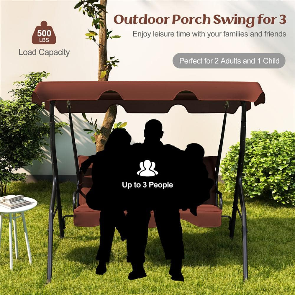 Tangkula 3 Person Porch Swing, Patio Swing with Removable Cushion & Powder-Coated Steel Frame, Outdoor Swing with Canopy for Porch, Backyard, Garden, Balcony (Coffee)