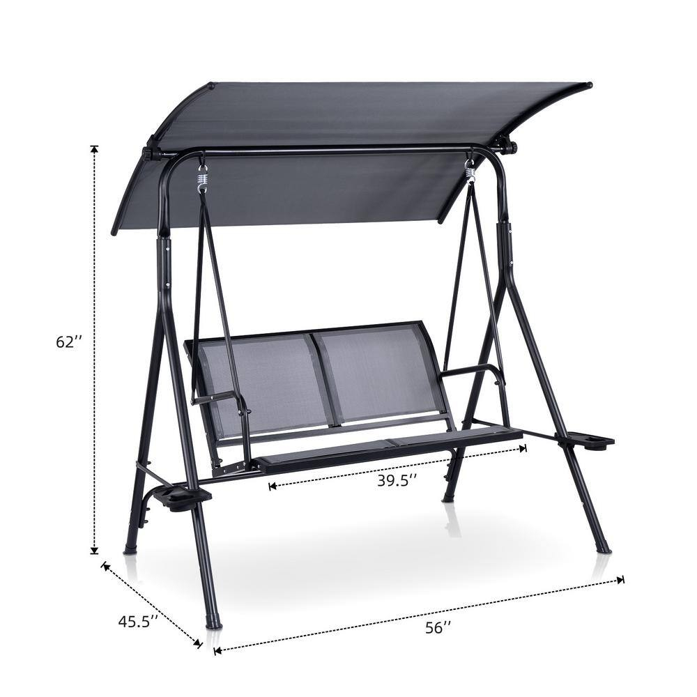 2 Person Patio Swing with Grey Sling Fabric and Black Metal Frame - 450 lbs Weight Capacity