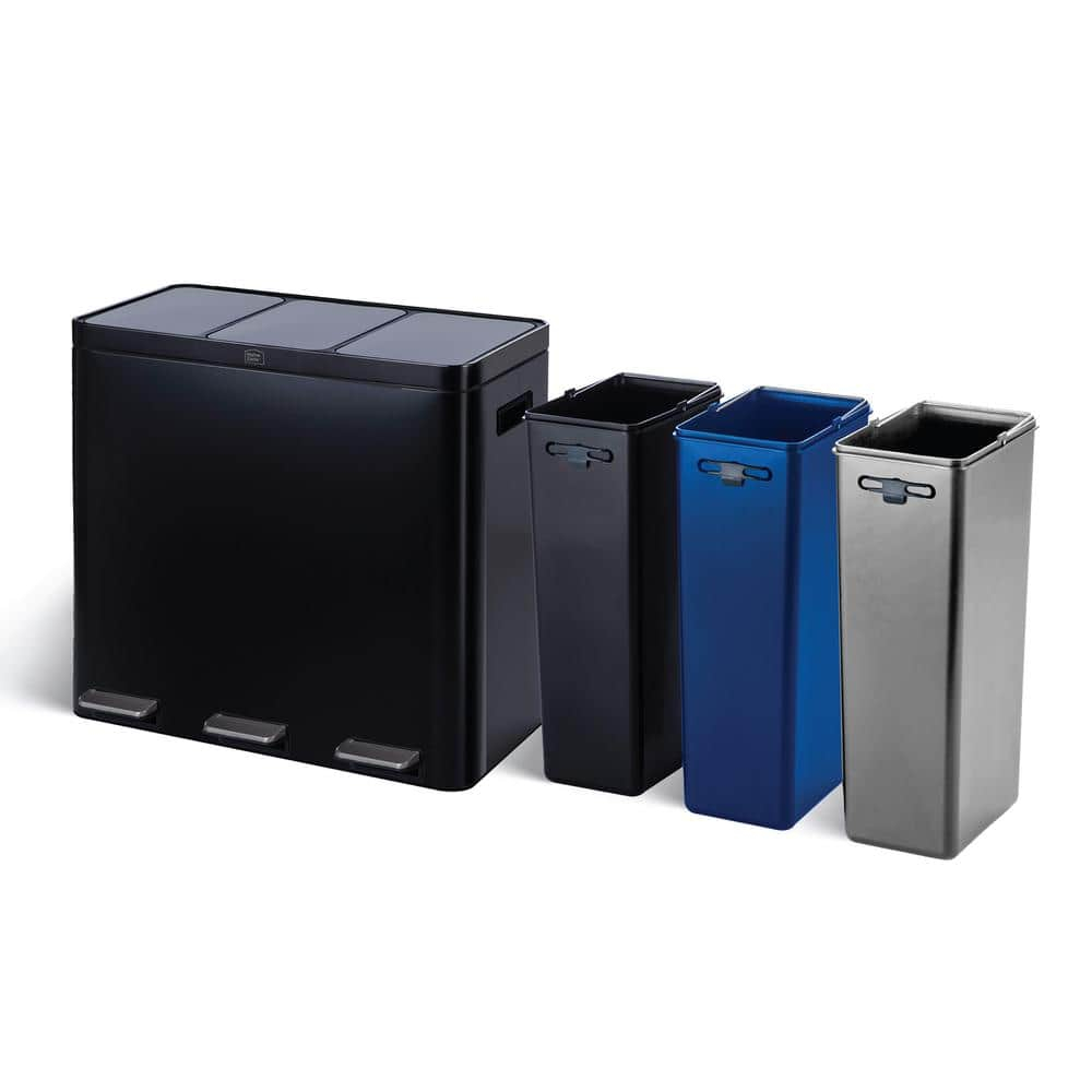 Black Stainless Steel 15.8 Gal. Step-On Kitchen Trash Can with Three Compartments