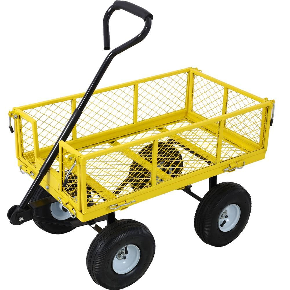 Yellow Steel Mesh Garden Cart with Pneumatic Tires and Removable Sides