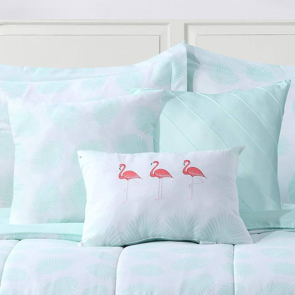 Let's Flamingo Embroidered Mint 7-Piece Comforter Set Full