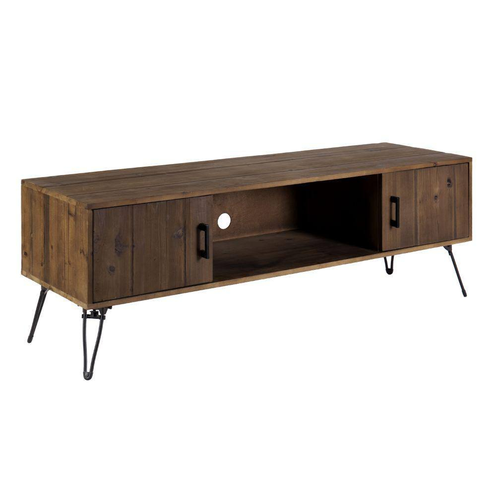 60 Inch Reclaimed Wood Rectangle Farmhouse Tv Stand Media Console, 2 Doors, Iron Legs, Natural Brown