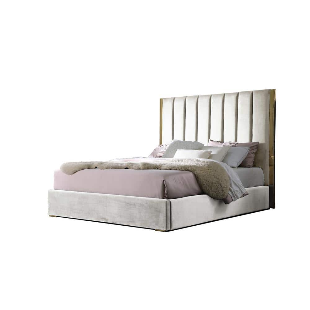 Jalen Beige Velvet California King Platform Bed with Gold Accents
