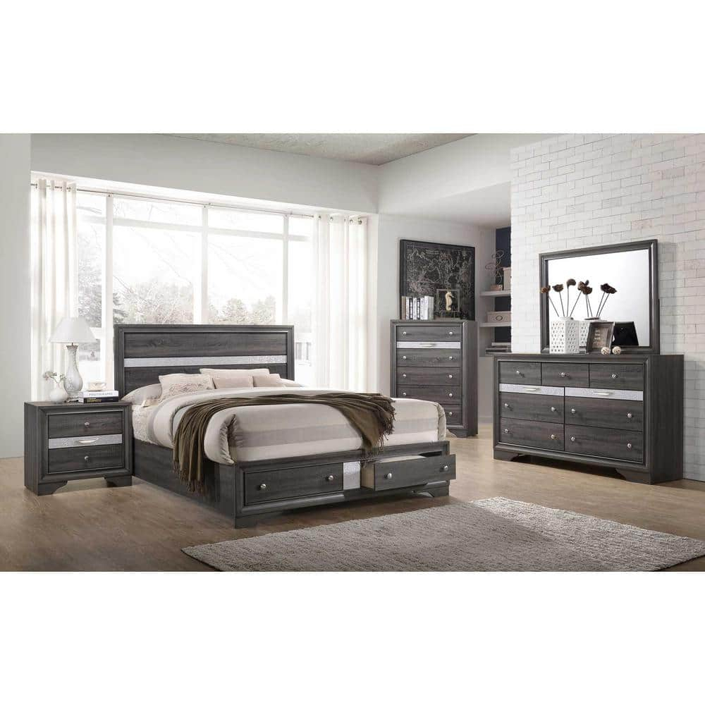 Queen Sized Gray and Silver Wood Bedframe with 2 Drawer Storage