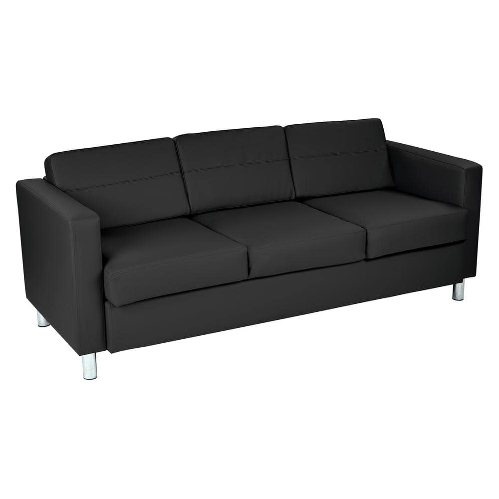 Modern Pacific Black Faux Leather Sofa with Silver Finish Legs