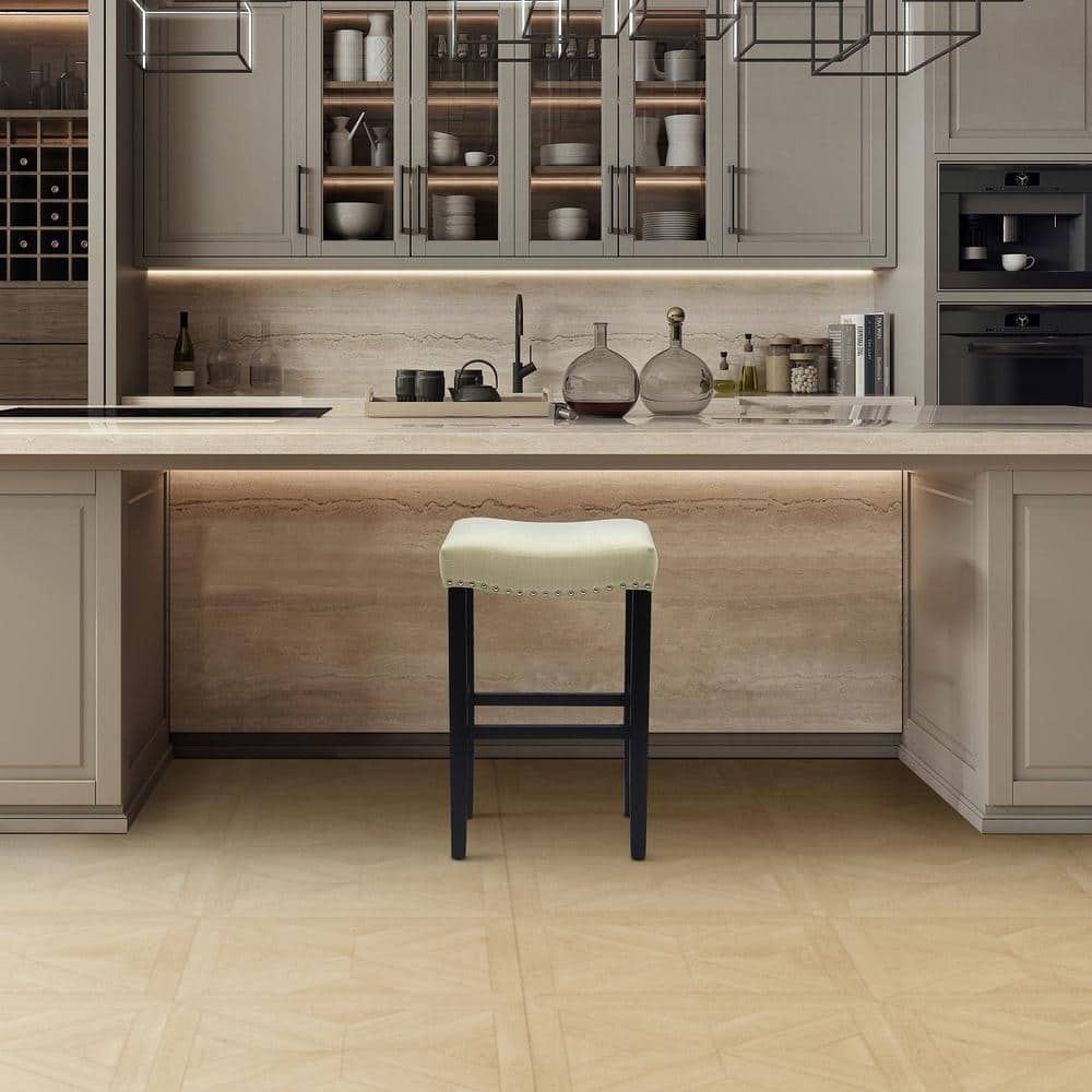 Westin Outdoor Yazan 29" Upholstered Bar Stool with Nail Head Trim, Black/Beige