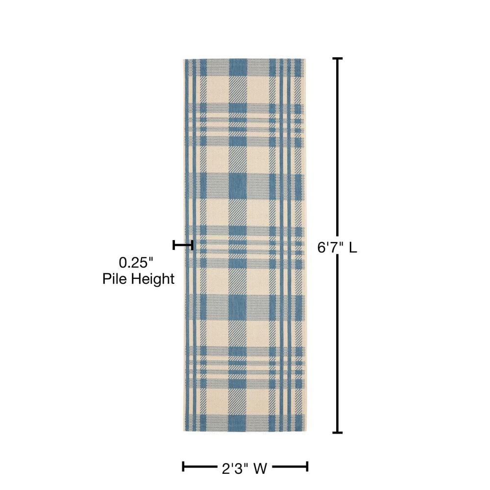 SAFAVIEH Courtyard Benjamin Plaid Indoor/Outdoor Runner Rug, 2'3" x 6'7", Beige/Blue