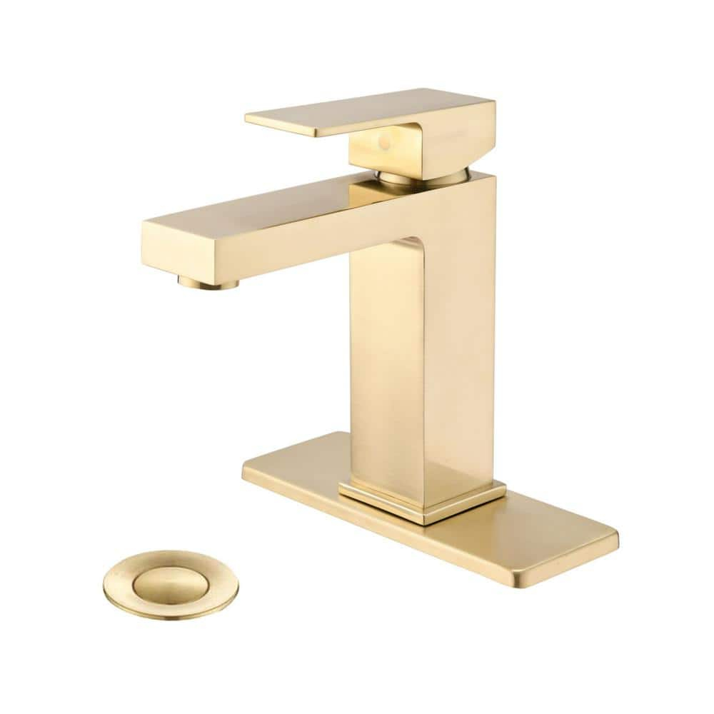 Brass Bathroom Sink Faucet Single Handle Lavatory Vanity Mixer Tap 1 Hole with Deck Plate, Metal Pop-up Drain Assembly & Water Supply Lines (Brushed Gold)