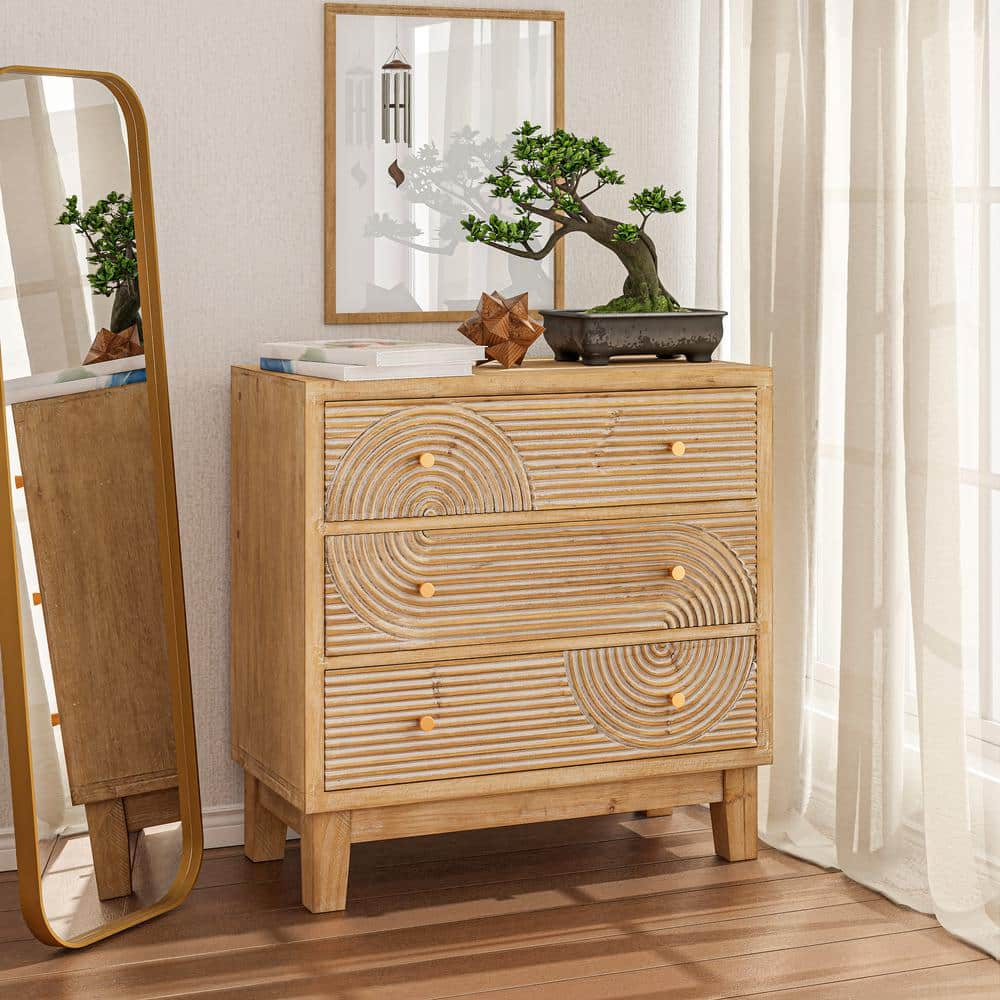 COZAYH 3-Drawer Farmhouse Dresser with Handicraft Wood Ring Motif, Fully Assembled Nightstand Wooden Finish for Boho, Mid-century, Rustic Style, Natural Wood