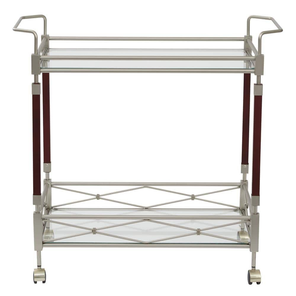 Melrose Serving Cart with Clear Tempered Glass and Nickel Brush Metal Frame