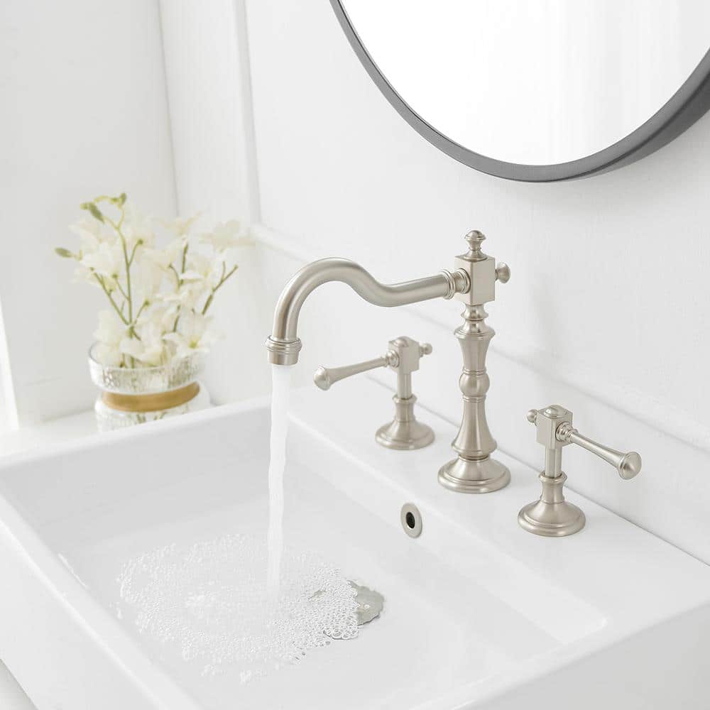 8 in. Widespread Double Handle Low Arc Bathroom Faucet with Drain Kit, Easy to Install, Drip Free in Brushed Nickel