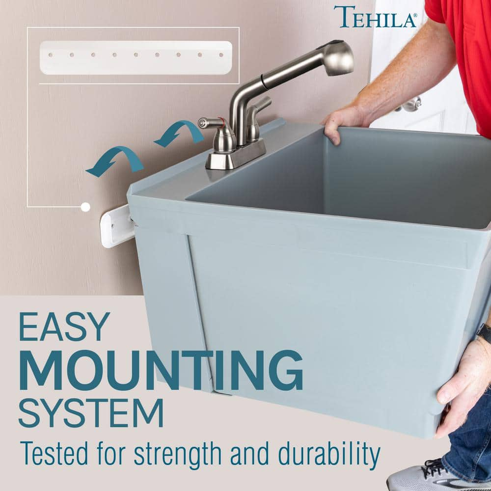 Tehila Wall Mounted Gray Utility Sink with Stainless Finish Pull-out Faucet