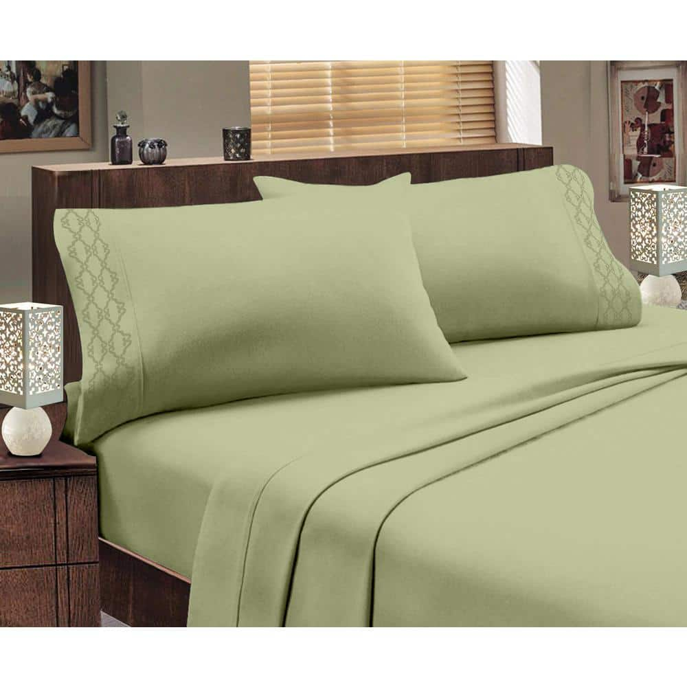Branch 1800 Series Egyptian Comfort Embroidered 4 Piece Sheet Set (Queen, Sage)