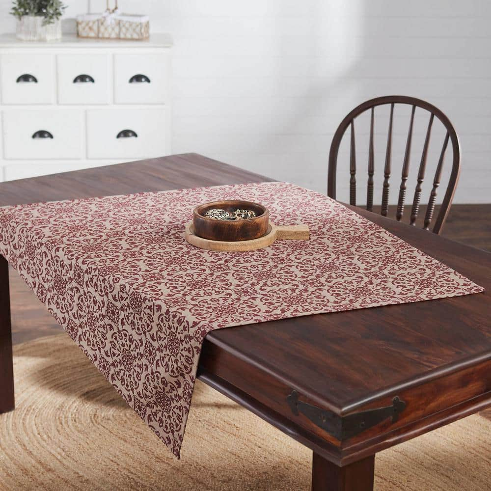 VHC Brands Custom House Burgundy & Tan Jacquard Table Topper 42x42, Kitchen and Dining Room Decor, Tabletop Accessory, Cotton, Custom House Collection, Square 42x42, Natural