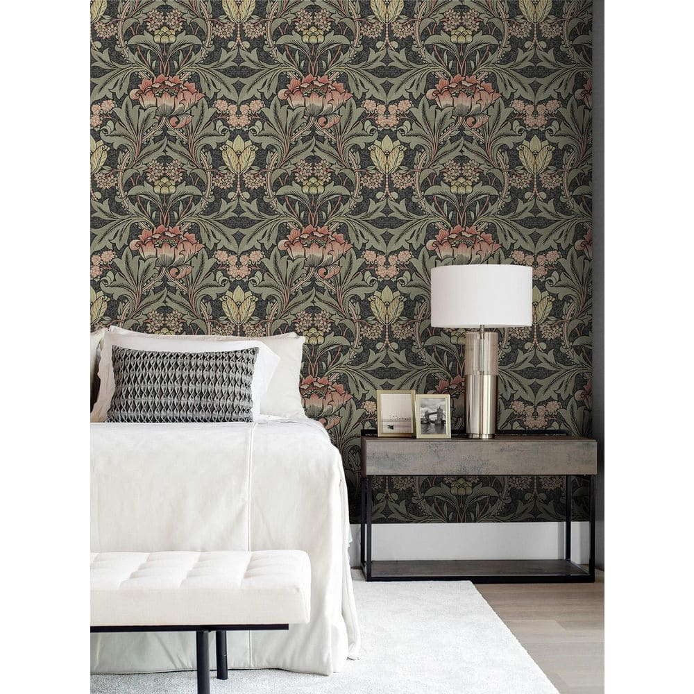 Charcoal and Rosewood Floral Vinyl-Coated Wallpaper Roll