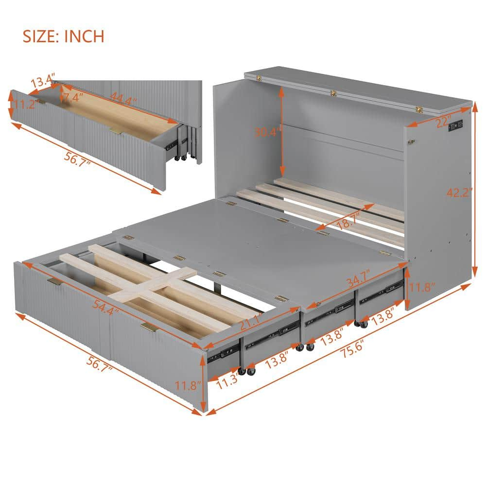 Gray Wood Frame Full Size Murphy Bed with A Spacious Drawer, USB Ports and Sockets, Pulley Structure Design
