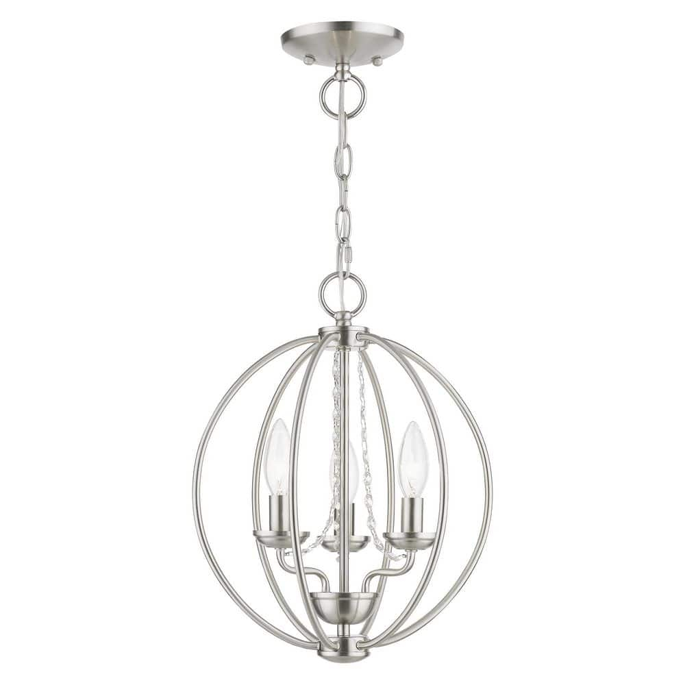 Delridge 12 in.  3-Light Brushed Nickel Globe Convertible Chandelier/Semi Flush with Clear Crystals