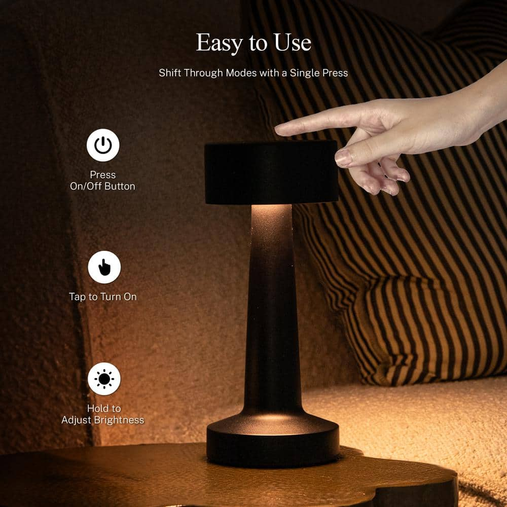 Bell + Howell Chelsea Table Lamp Small Cordless Touch LED Rechargeable Lamp for Bedside Desk Nightstand Midnight Black