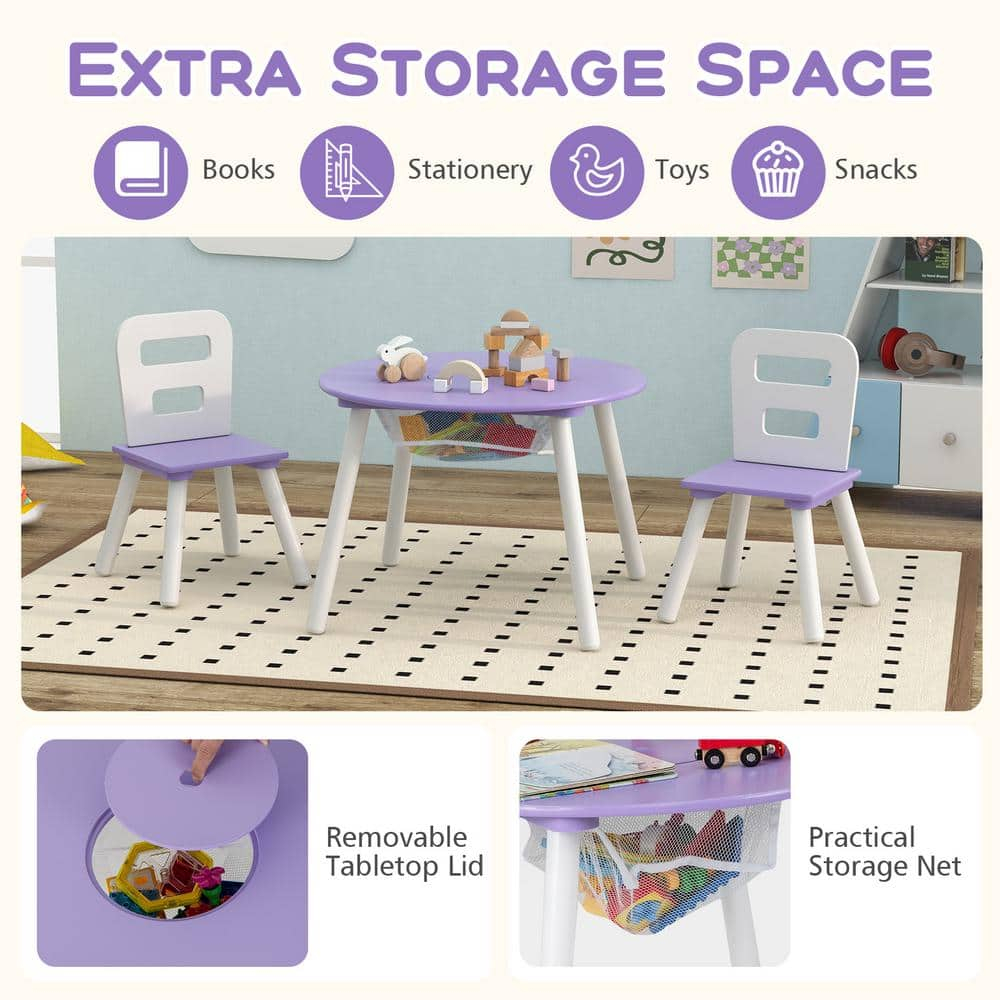 Costzon Kids Table and Chair Set, Wood Activity Table w/Center Mesh Storage, Children Furniture Gift for Boys & Girls, Ideal for Arts, Crafts, Snack Time, Homework, Toddler Table and Chair Set, Purple