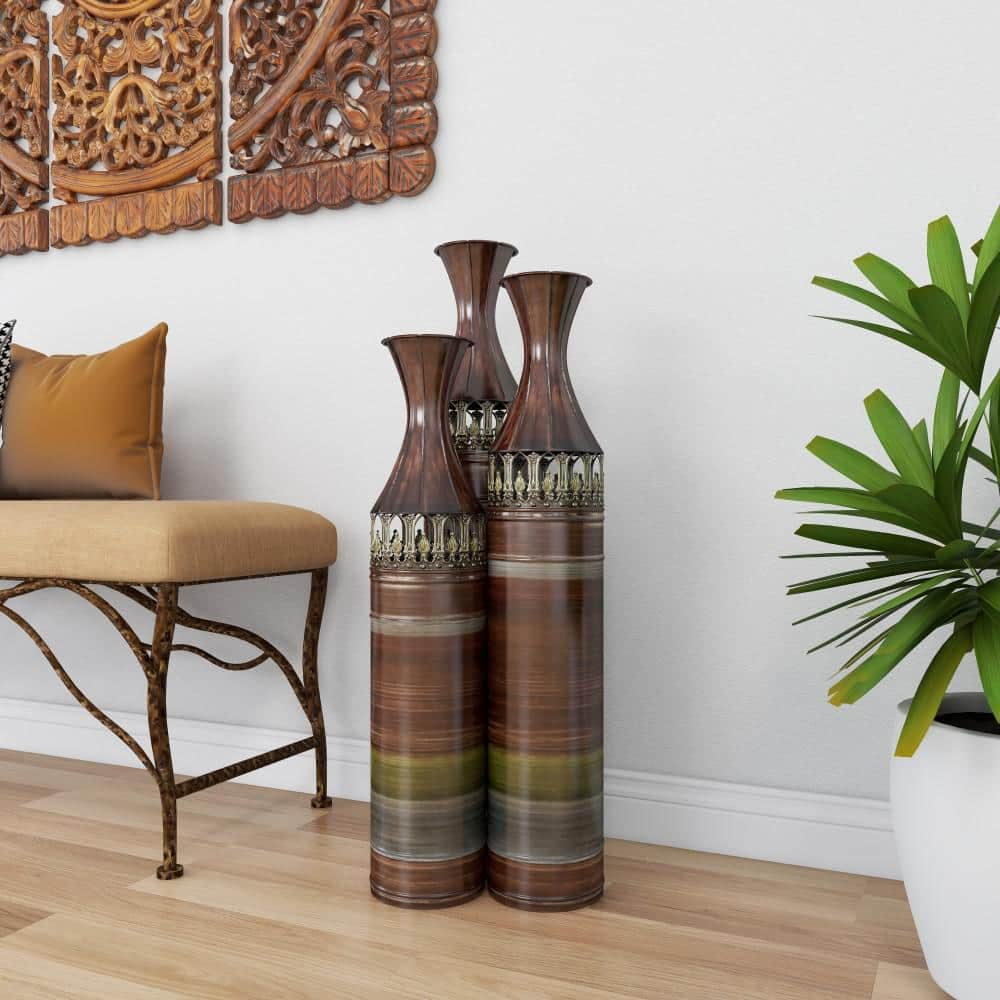 DecMode 34", 31", 28"H Tall Ombre Bronze Metal Vase with Laser Cut Antefix Design, Set of 3