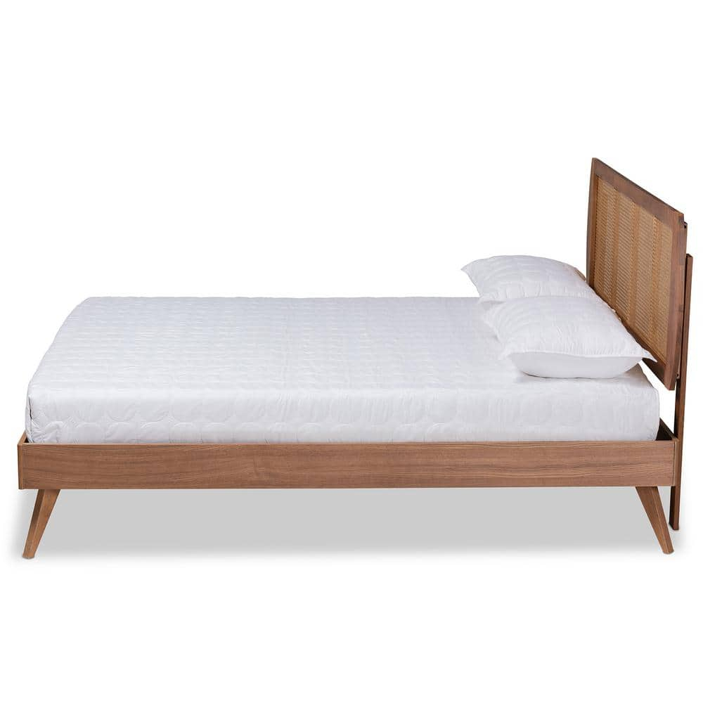 Baxton Studio Asami Mid-Century Modern Walnut Brown Finished Wood and Synthetic Rattan Full Size Platform Bed
