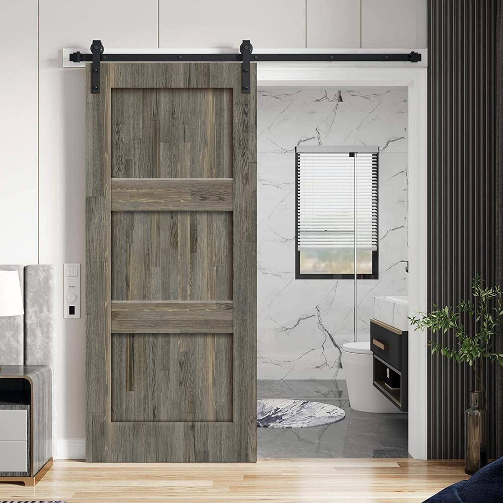 30 in. x 96 in. 3 Panel Shaker Hollow Core Weather Gray Stained Pine Wood Interior Sliding Barn Door with Hardware Kit